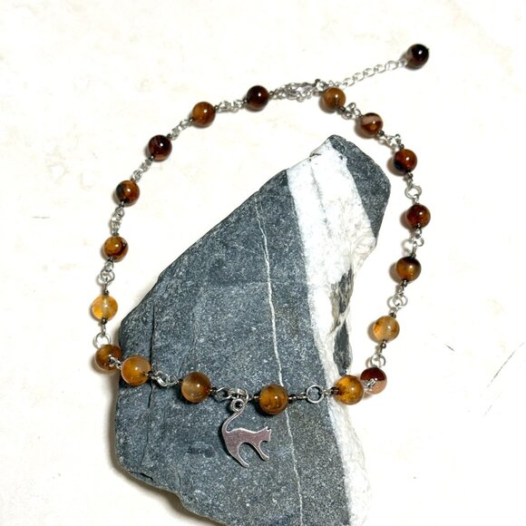 Genuine Earthy Carnelian Agate Short Necklace, Gemstone & Slim Cat Pendant - Picture 4 of 15
